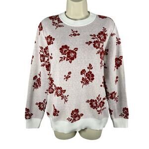 Berkley Jensen Sweater Womens Medium White Red Floral Crew Neck Knit
